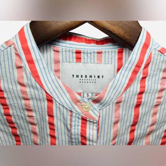 The Shirt by Rochelle Behrens Coral Blue Striped Button-Up Blouse Top Size Small - Picture 4 of 12